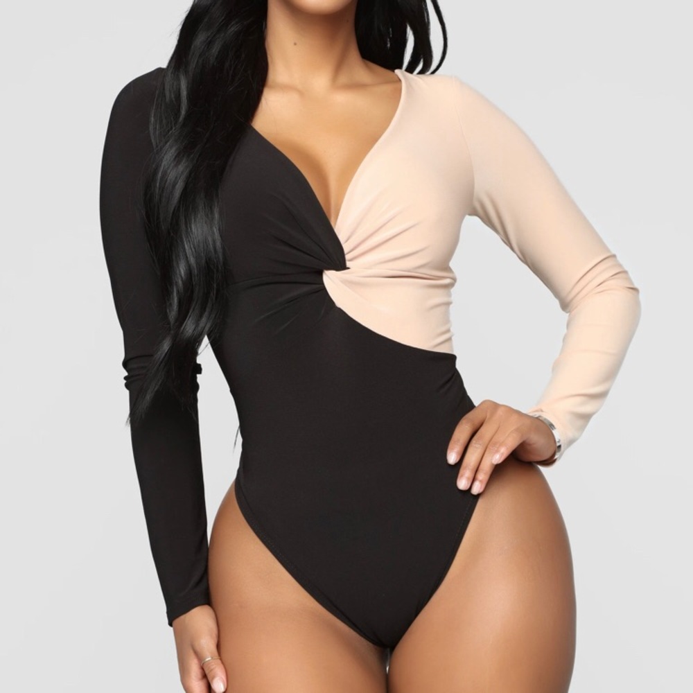 FASHION NOVA Black and Nude Thong Bodysuit